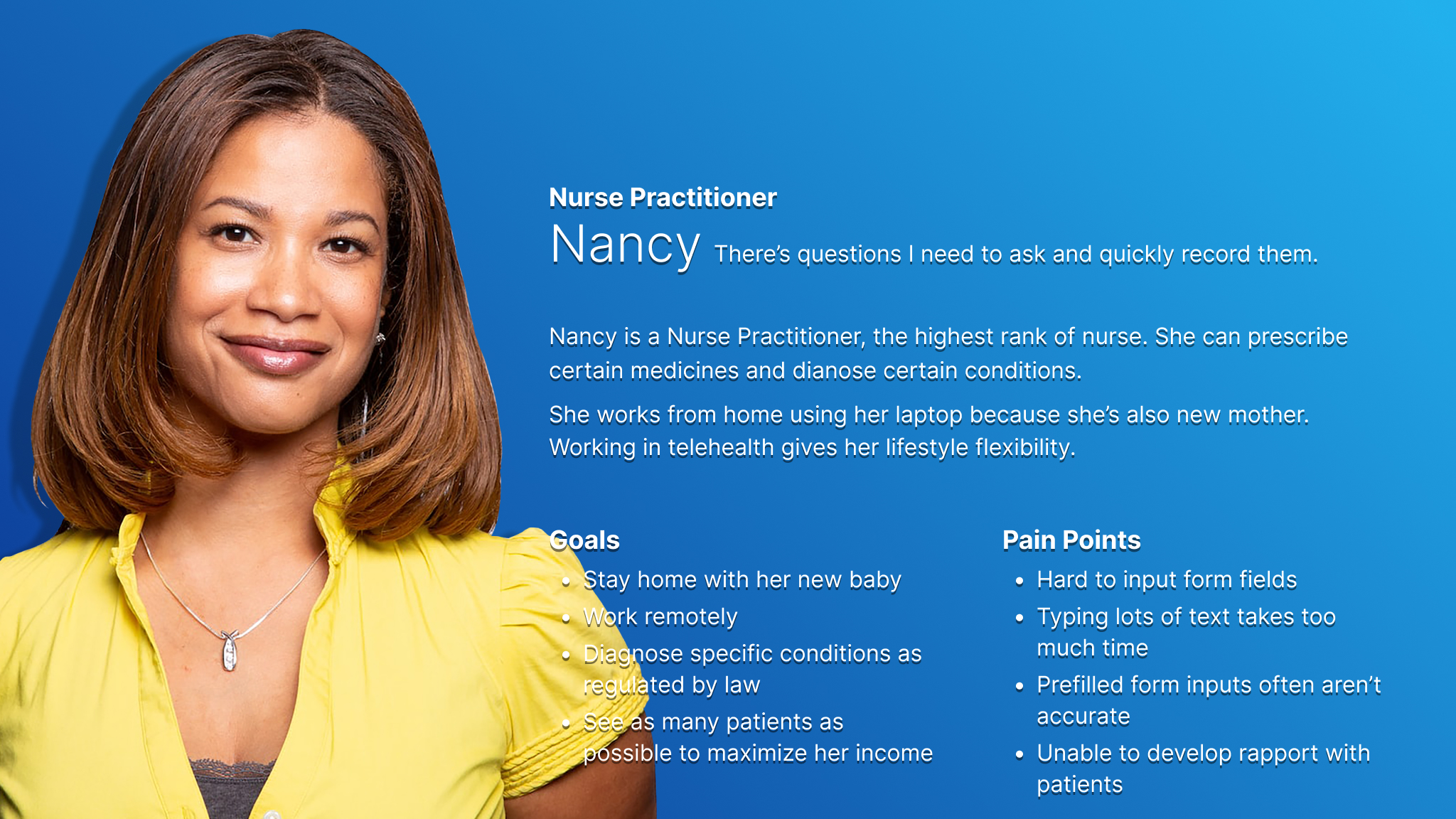 Persona card for Nancy who represents the nurse practitioners who use the web app process and diagnose patients.